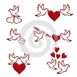 Hand drawn watercolor set of love pigeons