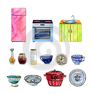 Hand drawn watercolor set of stylized kitchen objects. Oven, refrigirator, table and utensils