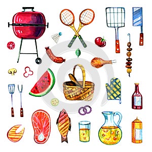 Hand drawn watercolor set of various objects for picnic, summer eating out and barbecue