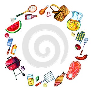 Hand drawn watercolor set of various objects for picnic, summer eating out and barbecue in round frame