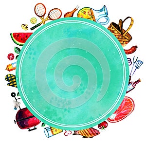 Hand drawn watercolor set of various objects for picnic, summer eating out and barbecue with round green frame