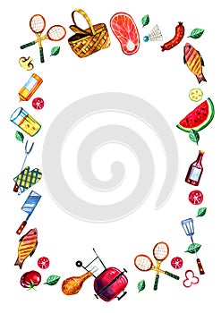 Hand drawn watercolor set of various objects for picnic, summer eating out and barbecue in vertical rectangular frame