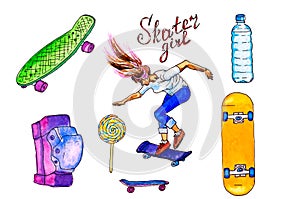 Hand drawn watercolor Skatebaording set: skateboards, jumping girl, bottle of water and knee pad