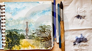 HAnd drawn watercolor sketch of African landscape with walking giraffe. Aquarelle illustration of wild animal. Exotic