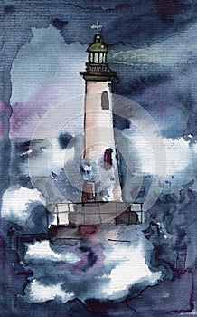 Hand drawn watercolor sketch with white lighthouse on the island. Night time. Natigation building. Stormy weather. Sea and ocean.