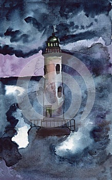 Hand drawn watercolor sketch with white lighthouse on the island. Night time. Natigation building. Stormy weather. Sea and ocean.