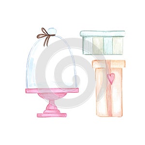 Hand drawn watercolor snow globe with presents. Christmas illustration isolated on white background. Can be used for cards, label