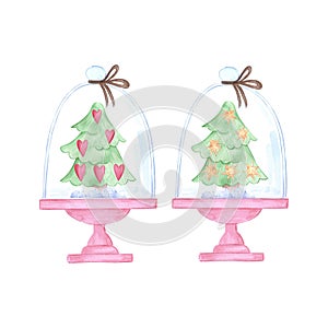 Hand drawn watercolor snow globe with presents. Christmas illustration isolated on white background. Can be used for cards, label