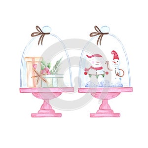 Hand drawn watercolor snow globe with presents. Christmas illustration isolated on white background. Can be used for cards, label