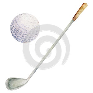 Hand drawn watercolor sports gear equipment, latex golf ball and club to play game and practice. Illustration isolated