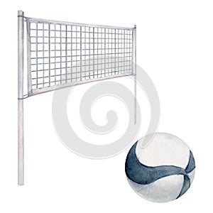 Hand drawn watercolor sports gear equipment for play game match, volleyball net, blue and white ball. Illustration