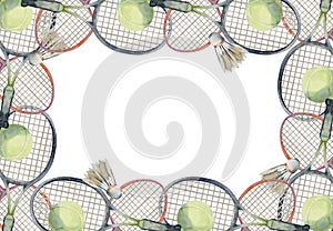 Hand drawn watercolor sports gear equipment, tennis badminton ball, racquet, health fitness lifestyle. Illustration