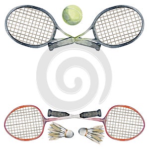 Hand drawn watercolor sports gear equipment, tennis badminton ball, racquet, health fitness lifestyle. Illustration