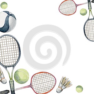 Hand drawn watercolor sports gear equipment, tennis badminton ball, racquet, health fitness lifestyle. Illustration