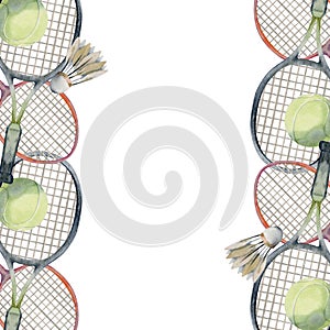 Hand drawn watercolor sports gear equipment, tennis badminton ball, racquet, health fitness lifestyle. Illustration