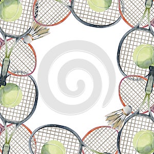 Hand drawn watercolor sports gear equipment, tennis badminton ball, racquet, health fitness lifestyle. Illustration