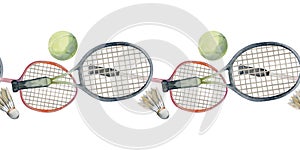 Hand drawn watercolor sports gear equipment, tennis and badminton racquet, ball shuttlecock, fitness. Illustration