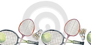 Hand drawn watercolor sports gear equipment, tennis and badminton racquet, ball shuttlecock, fitness. Illustration