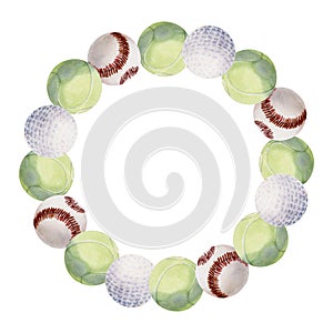 Hand drawn watercolor sports gear equipment, tennis golf baseball balls, health fitness lifestyle. Illustration isolated