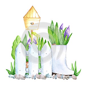 Hand drawn watercolor spring garden flowers with rubber boots, birdhouse and fence on white background. Vintage illustration in