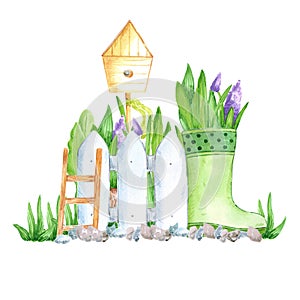 Hand drawn watercolor spring garden flowers with rubber boots, birdhouse and fence on white background. Vintage illustration in