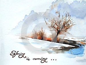 Hand drawn watercolor spring scenery illustration with a sign