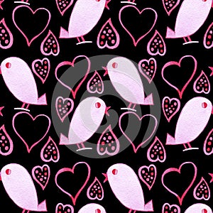 Hand drawn watercolor St Valentines Day seamless pattern with pink  hearts and birds on black background.