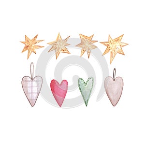 Hand drawn watercolor stars and hearts. Christmas illustration isolated on white background. Can be used for cards, label and