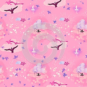 Hand drawn watercolor style seamless pattern with sail boat and seagulls on pink background. Wallpaper fore childrens