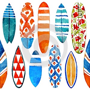 Hand drawn watercolor surfboard seamless pattern.