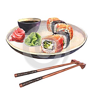 Hand drawn watercolor sushi set on ceramic dish with chopsticks, isolated on white background.