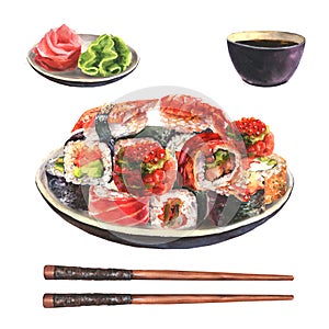 Hand drawn watercolor sushi set on ceramic dish with chopsticks, wasabi, ginger and soy sause isolated on white