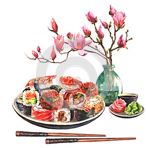 Hand drawn watercolor sushi set on ceramic dish with chopsticks, wasabi, ginger, soy sause and a magnolia branch in a