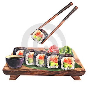 Hand drawn watercolor sushi set on wooden board with chopsticks, soy, ginger and wasabi, isolated on white background.