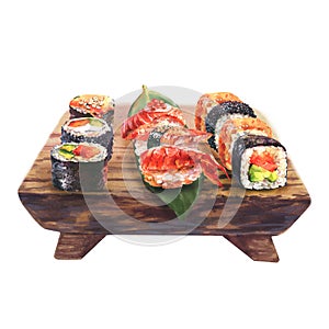 Hand drawn watercolor sushi set on wooden board, isolated on white background.