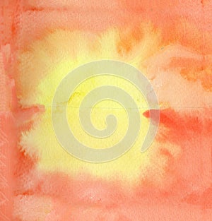 Hand drawn watercolor texture. Paint stains. Orange and yellow. Bright colors. Decorative paper. Template for post card, poster,