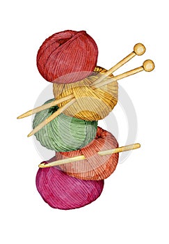 Hand drawn watercolor tower of colorful balls of yarn with knitting needles and crochet hook