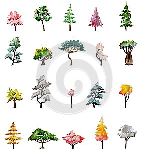 Hand drawn and watercolor tree set