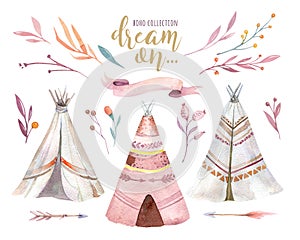 Hand drawn watercolor tribal teepee, isolated campsite tent. Boho America traditional native ornament wigwam. Indian