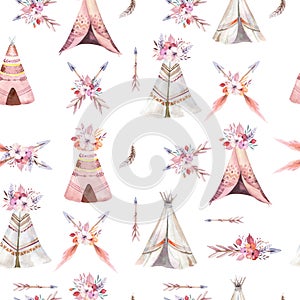 Hand drawn watercolor tribal teepee seamless pattern, Boho America traditional native ornament wigwam patterns. Indian