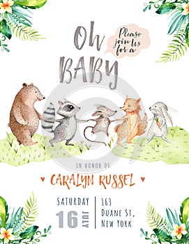 Hand drawn watercolor tropical animals. Boho nursery raccon, mouse, fox, rabbit, bunny, bear illustrations, jungle tree