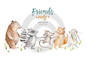 Hand drawn watercolor tropical animals. Boho nursery raccon, mouse, fox, rabbit, bunny, bear illustrations, jungle tree photo