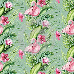 Hand drawn watercolor tropical bird flamingo seamless pattern . Exotic rose bird illustrations, jungle tree, brazil