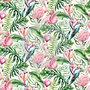 Hand drawn watercolor tropical bird flamingo seamless pattern . Exotic rose bird illustrations, jungle tree, brazil