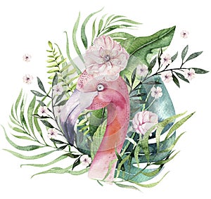 Hand drawn watercolor tropical birds set of flamingo with leaves. Exotic rose bird illustrations, jungle tree leaf