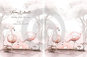 Hand drawn watercolor tropical flamingo birds wadding invitation background. Set of African flamingos. Exotic rose bird