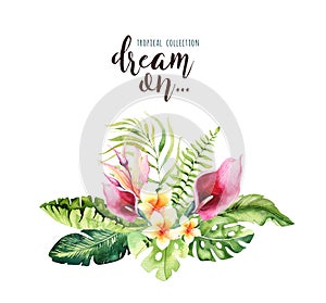 Hand drawn watercolor tropical flower bouquets. Exotic palm leaves, jungle tree, brazil tropic botany elements and