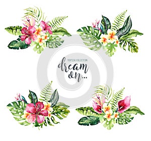 Hand drawn watercolor tropical flower bouquets. Exotic palm leaves, jungle tree, brazil tropic botany elements and