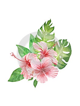 Watercolor illustration of tropical plants. bouquet with  monstera leaf and hibiscus flowers isolated on white background