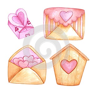 Hand drawn watercolor valentine set. St. Valentine\'s decorative element. Scrapbook desing, lable, banner, post card